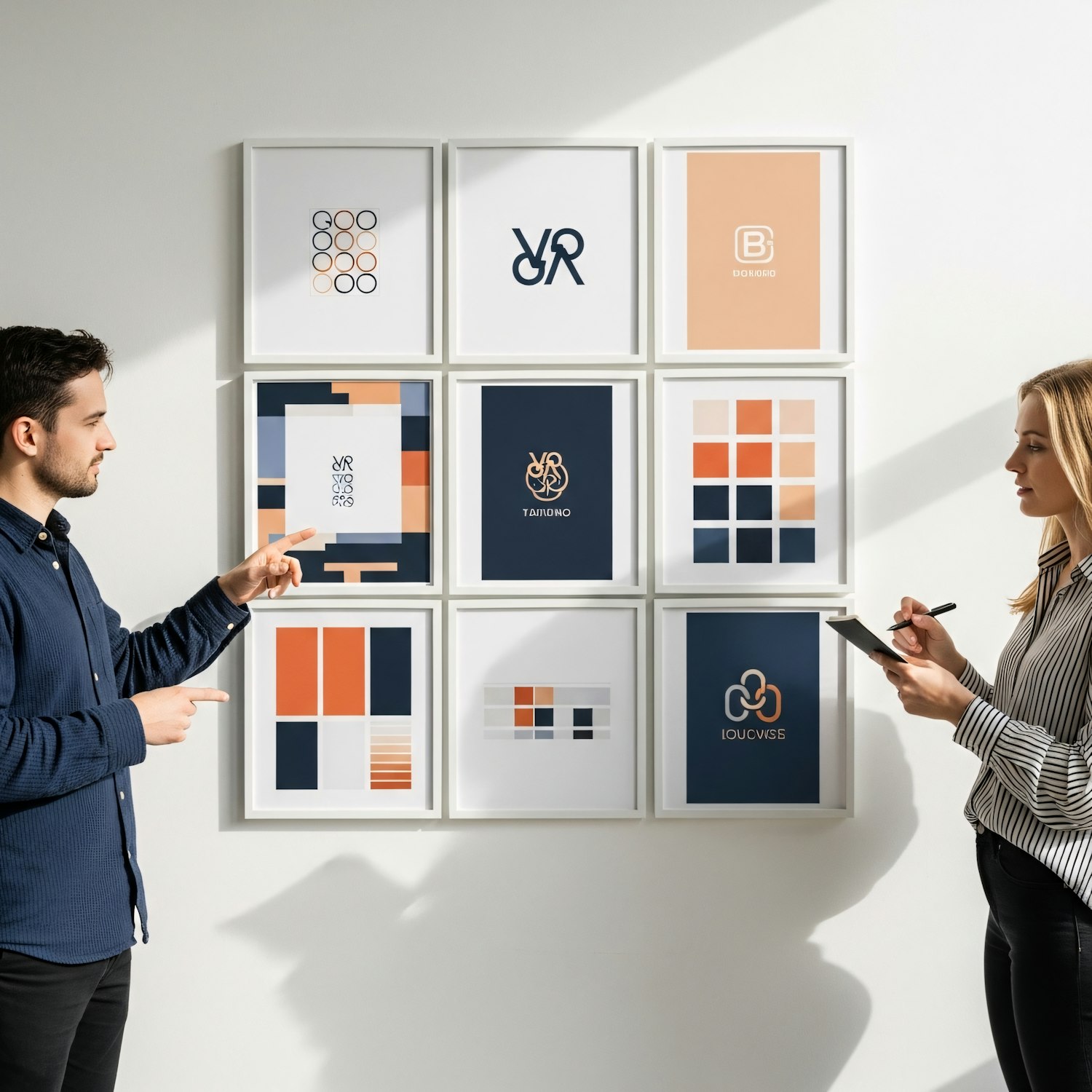 Maren Vale reviewing printed design work pinned across a studio wall